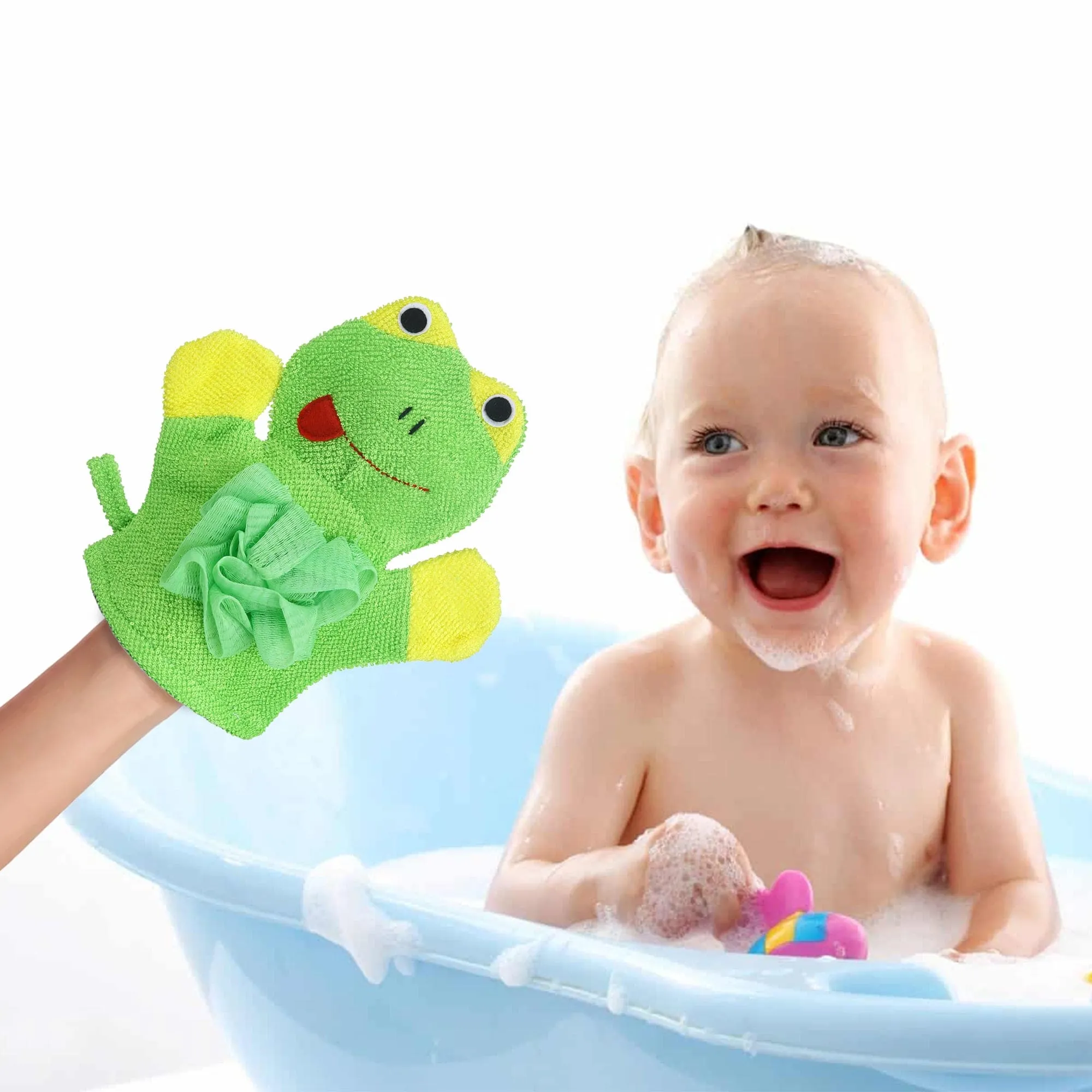 Baby Moo Mischievous Frog Bath Time Fun Hand Puppet Loofah Bath Glove - Green