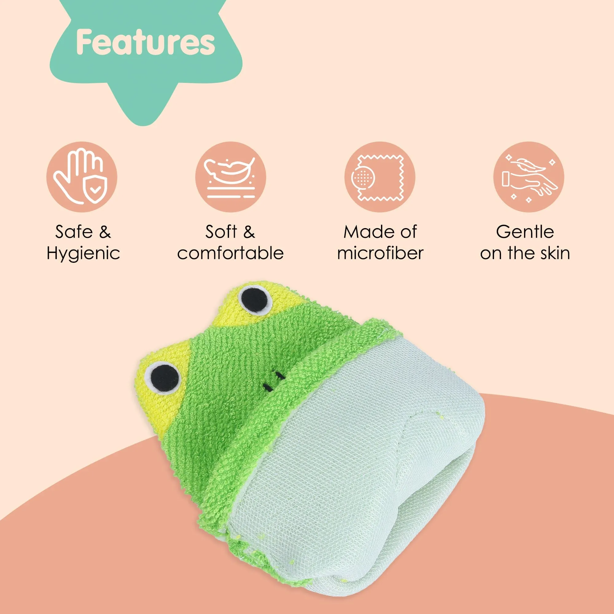 Baby Moo Mischievous Frog Bath Time Fun Hand Puppet Loofah Bath Glove - Green