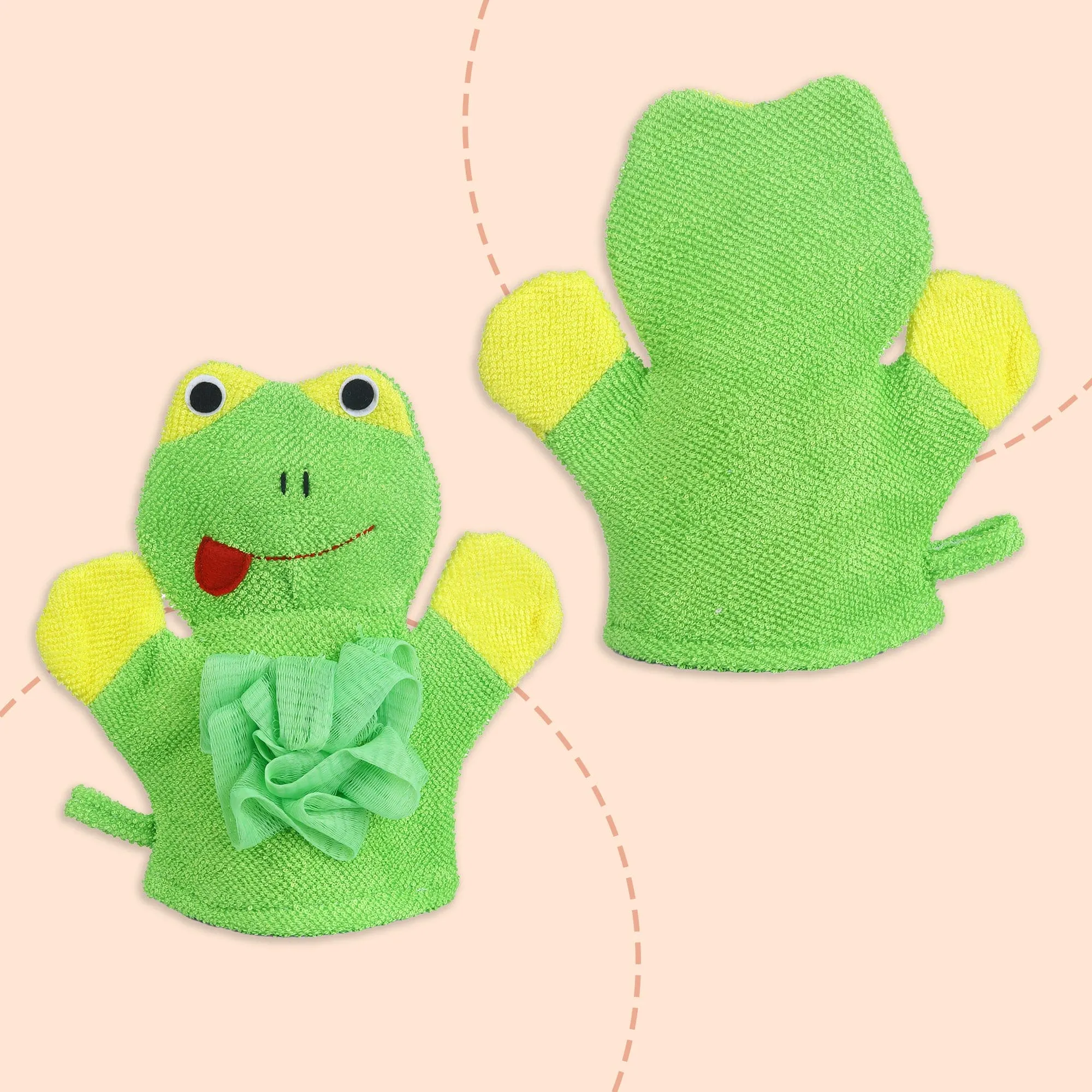 Baby Moo Mischievous Frog Bath Time Fun Hand Puppet Loofah Bath Glove - Green