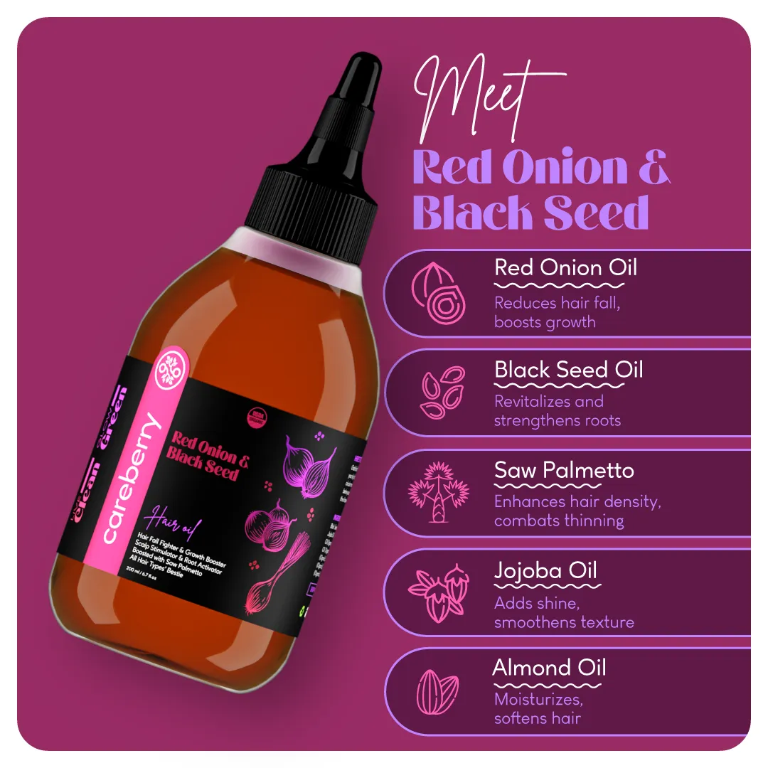 Careberry Red Onion & Black Seed Hair Growth Oil & Shampoo Combo | Hair Fall Fighter & Growth Booster | Saw Palmetto | Ayurvedic | Paraben & Sulphate Free | For Men & Women | 300ml Shampoo   200ml Oil