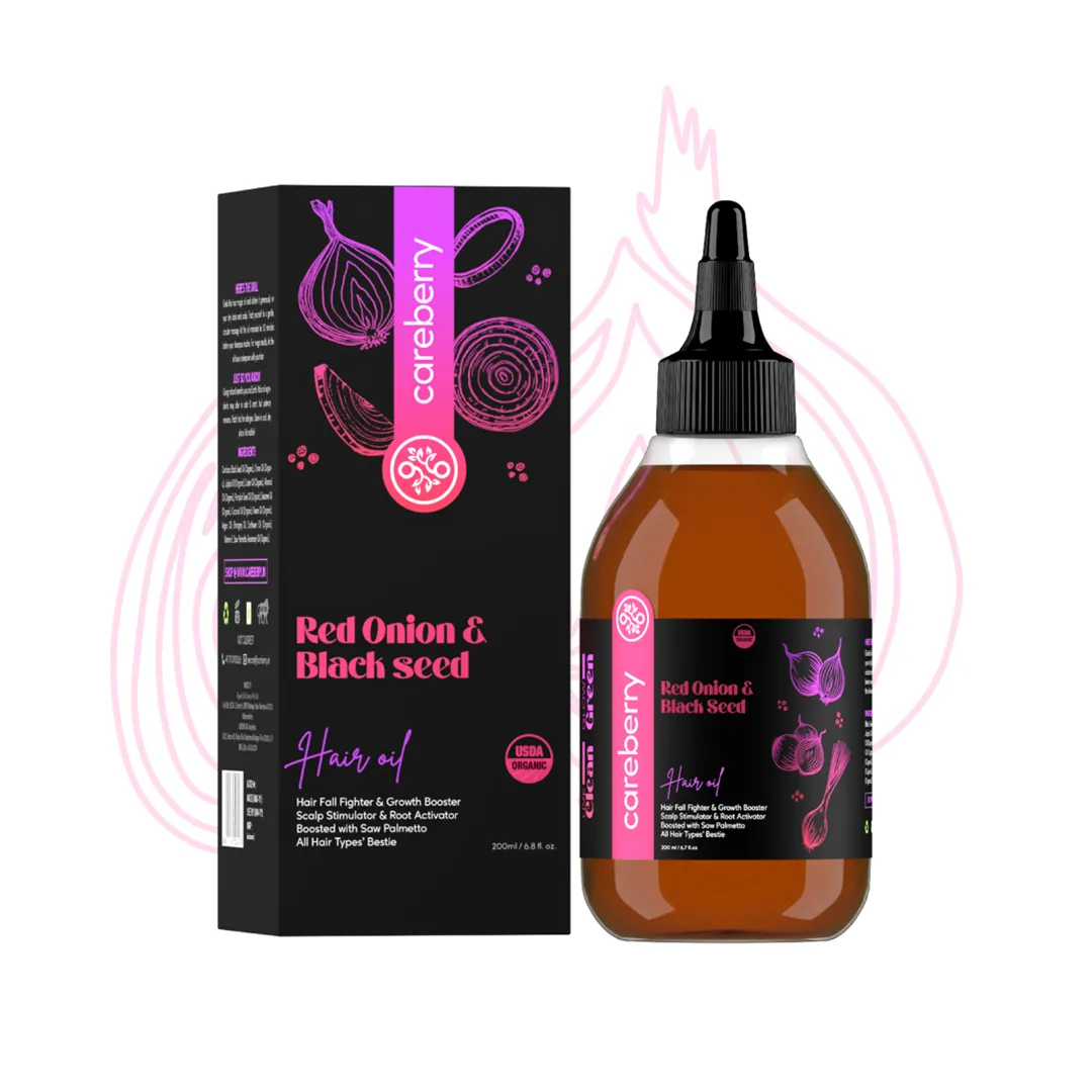 Careberry Red Onion & Black Seed Hair Growth Oil & Shampoo Combo | Hair Fall Fighter & Growth Booster | Saw Palmetto | Ayurvedic | Paraben & Sulphate Free | For Men & Women | 300ml Shampoo   200ml Oil