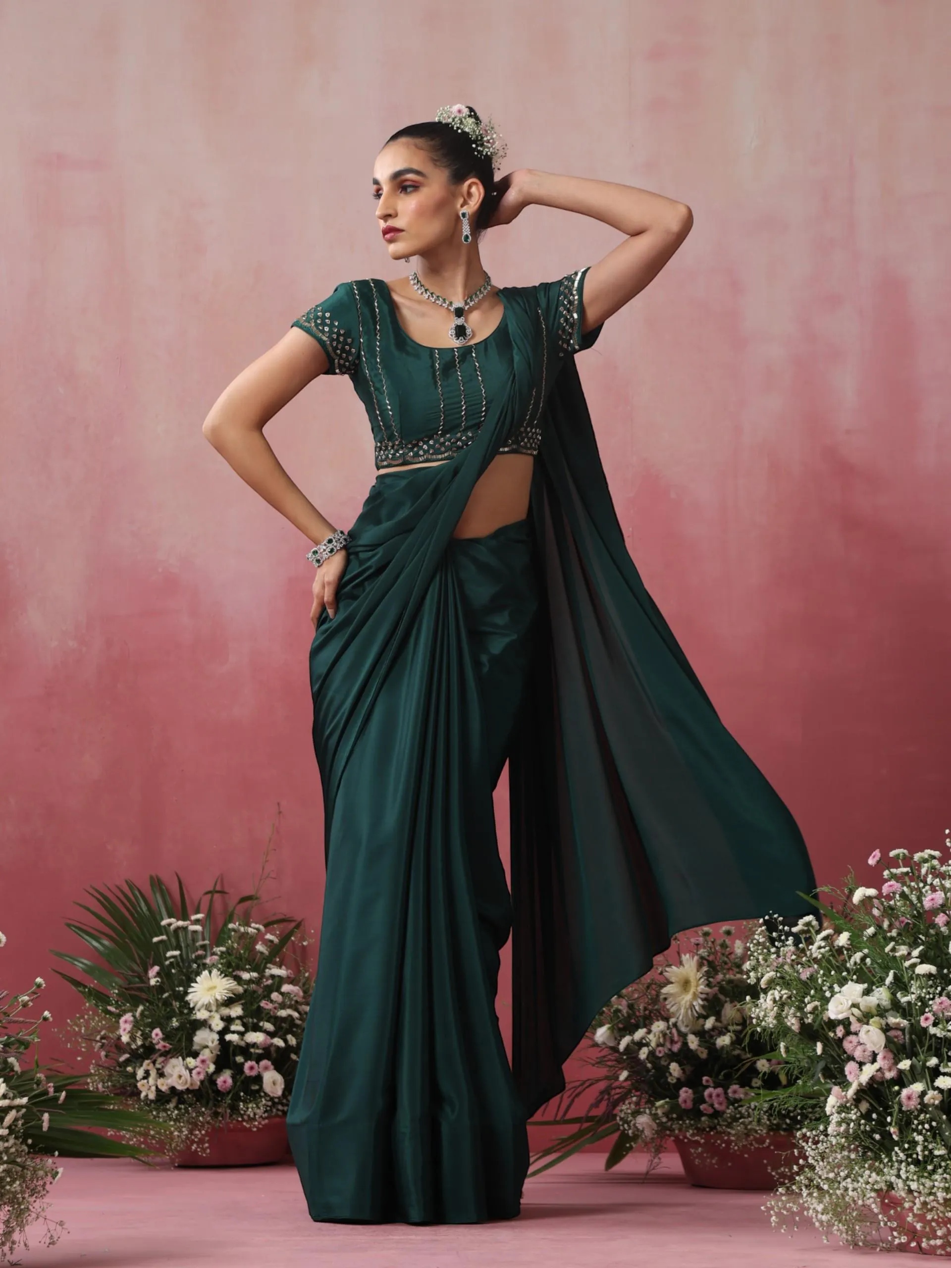 Healthify Crepe Saree with Hand Embroidered Blouse Fabric