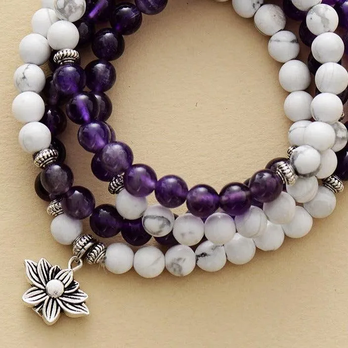 Lotus Amethyst and Howlite 108 Mala Beads Necklace