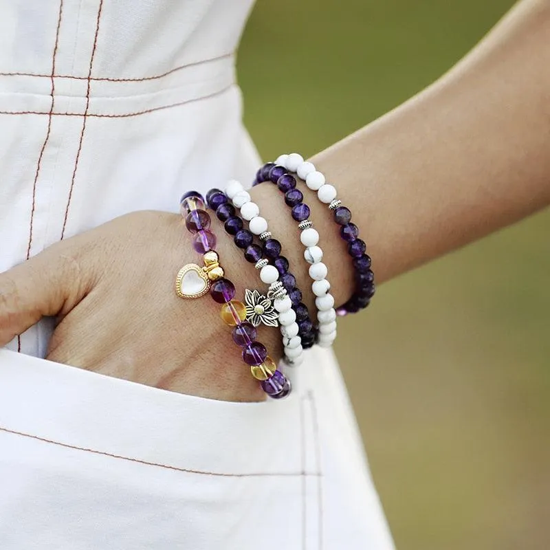 Lotus Amethyst and Howlite 108 Mala Beads Necklace