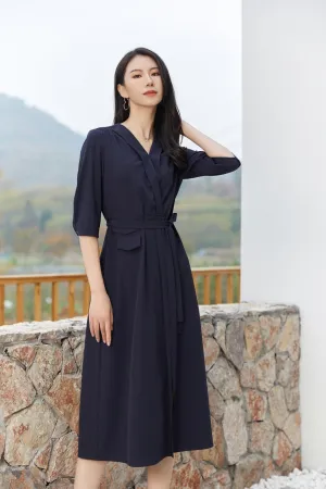 Navy Blue Belted V-neck Maxi Dresses