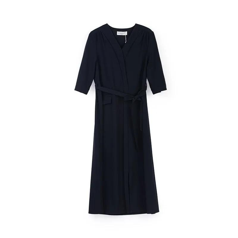 Navy Blue Belted V-neck Maxi Dresses