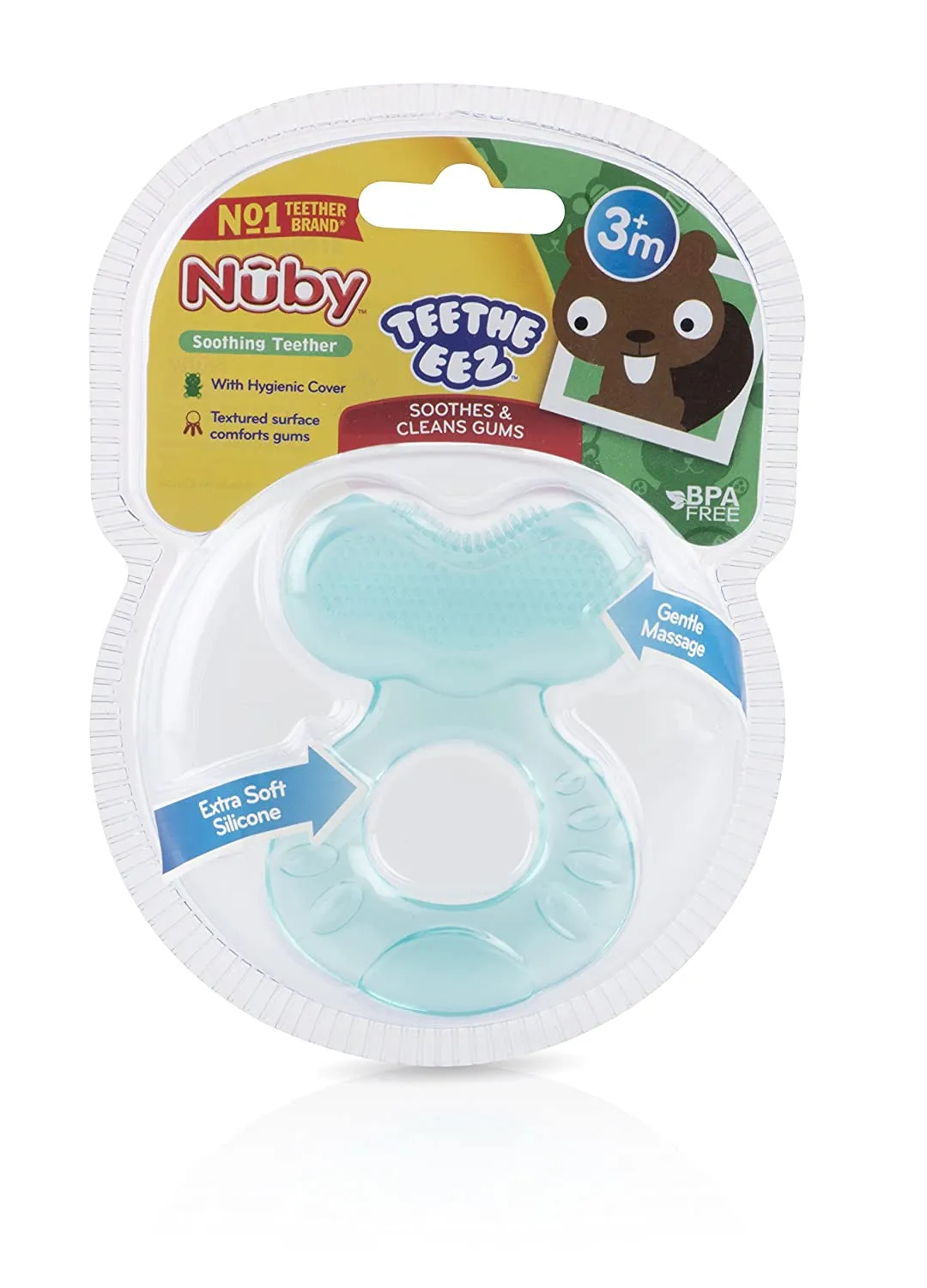 Nuby Silicone Teethe-eez Teether with Bristles, Includes Hygienic Case, Aqua, 2 Pack