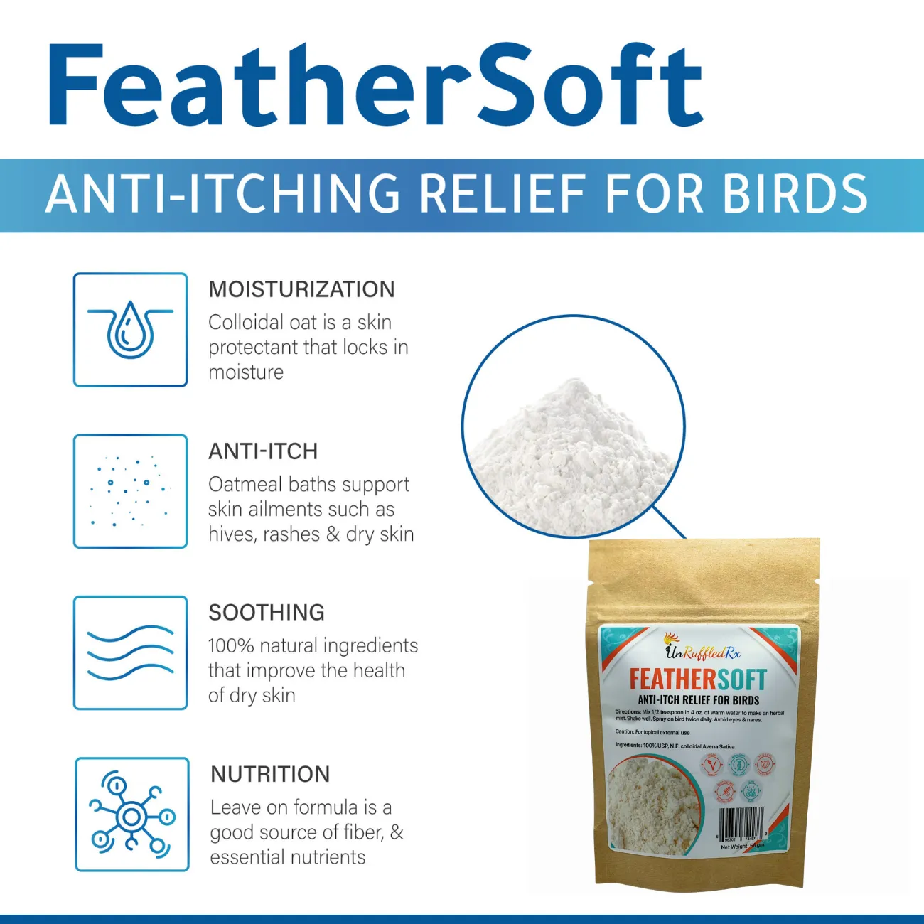 UnRuffledRx FeatherSoft Oat Bath Itchy Bird Relief Mix, 2 oz.